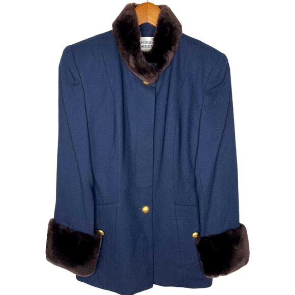 Neiman Marcus x George Simonton 6 Classic Wool Coat Fur Gold Buttons Navy Blue M - Picture 1 of 8